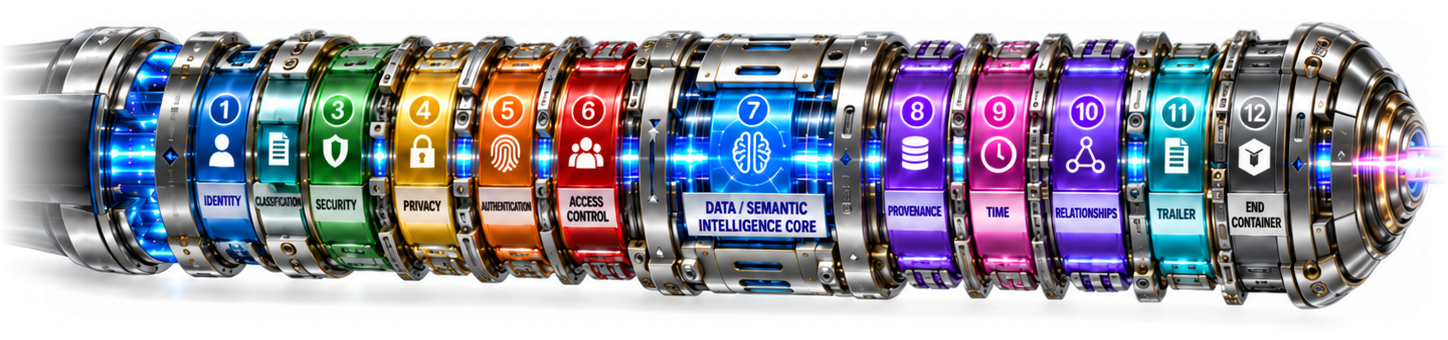 The CONTROL Canonical Intelligence Packet: twelve governed layers from Identity, Classification, Security, Privacy, Authentication and Access Control through the Data / Semantic Intelligence Core to Provenance, Time, Relationships, Trailer and End Container